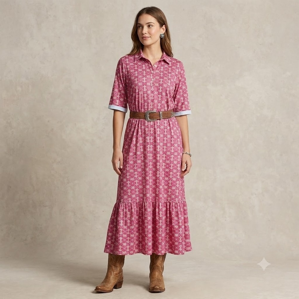 Western Tiered Maxi Dress Womens Pink Geometric Medallion  Large